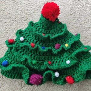 Knitted Christmas Tree Hat with Ornaments Adult Unisex Green